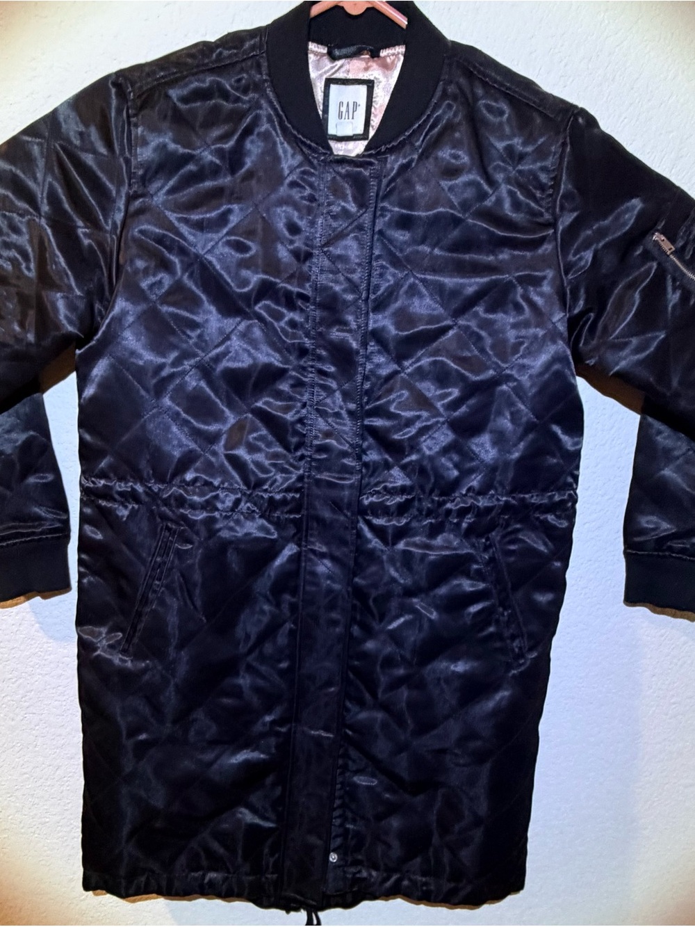 GAP Black Quilted Satin Bomber Coat